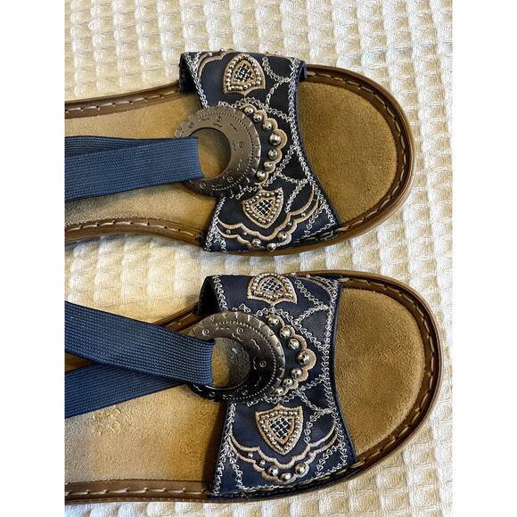 Riker Navy Boho Blue Beaded Detail Regina Heeled Sling Back Comfort Sandals S 39 - Picture 6 of 8
